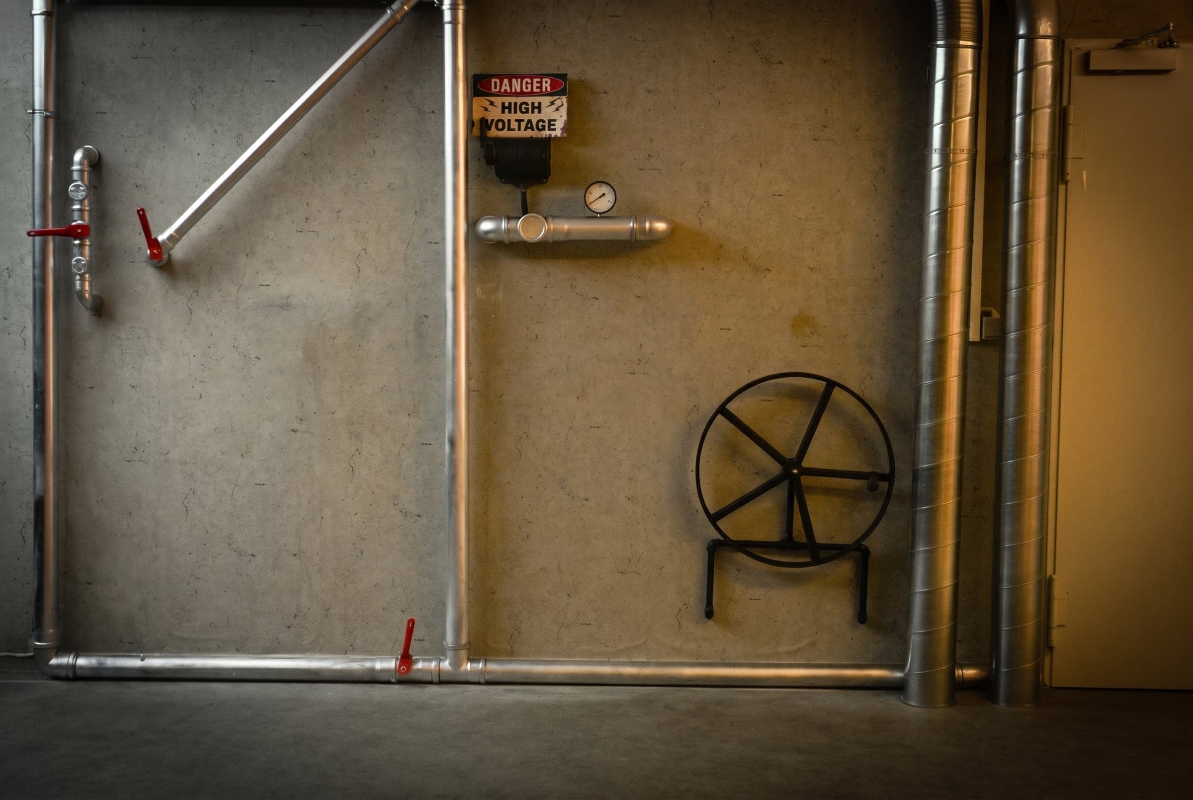 Industrial-Set mit Rohren und Betonwand