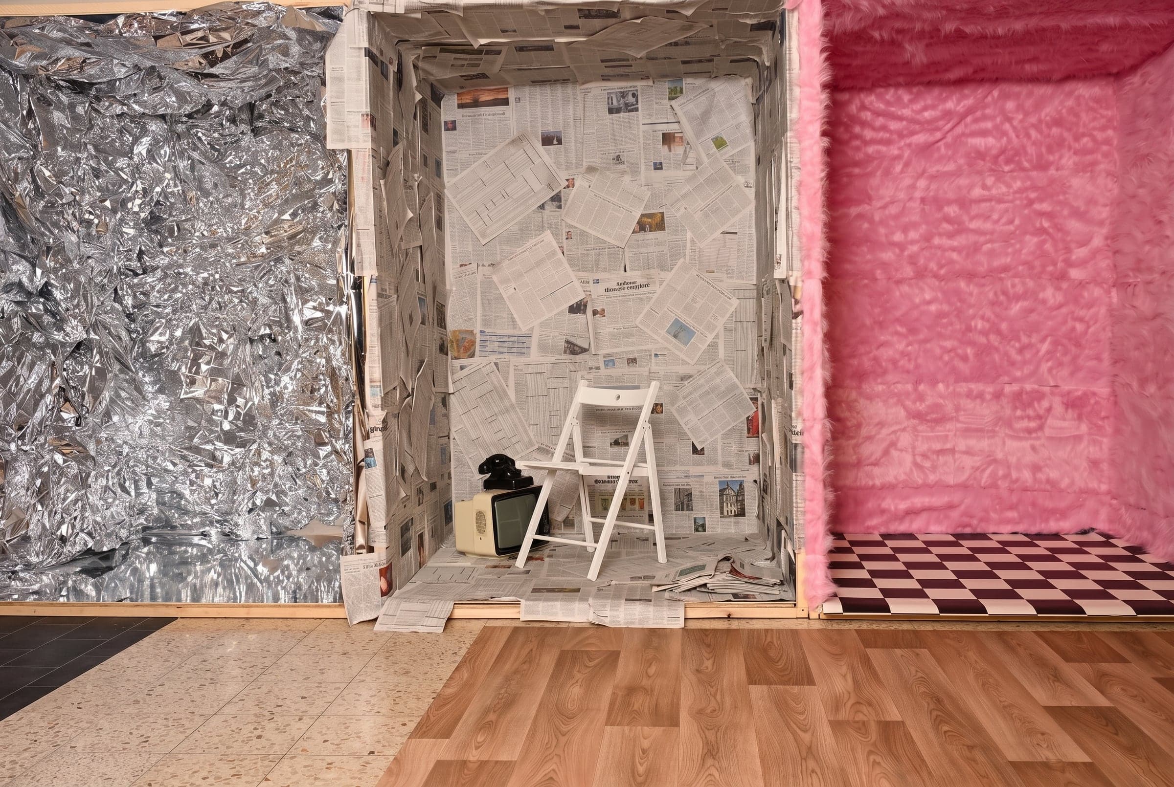 Creative-Pop-Set – Silberfolien-, Zeitungs- und rosa Plüsch-Kabine nebeneinander
